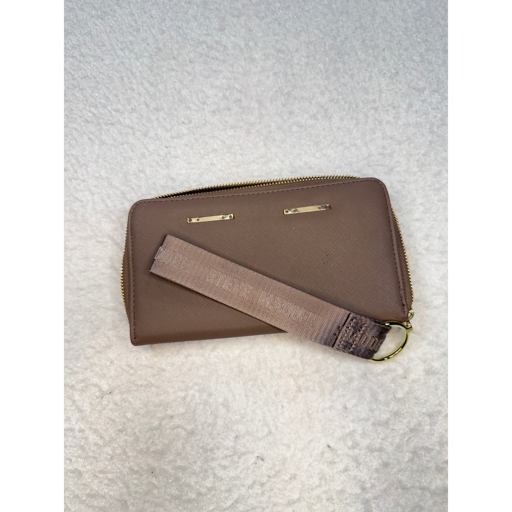 Steve Madden Mauve Brown Saffiano Zip Around Wristlet Wallet Gold Tone Hardware